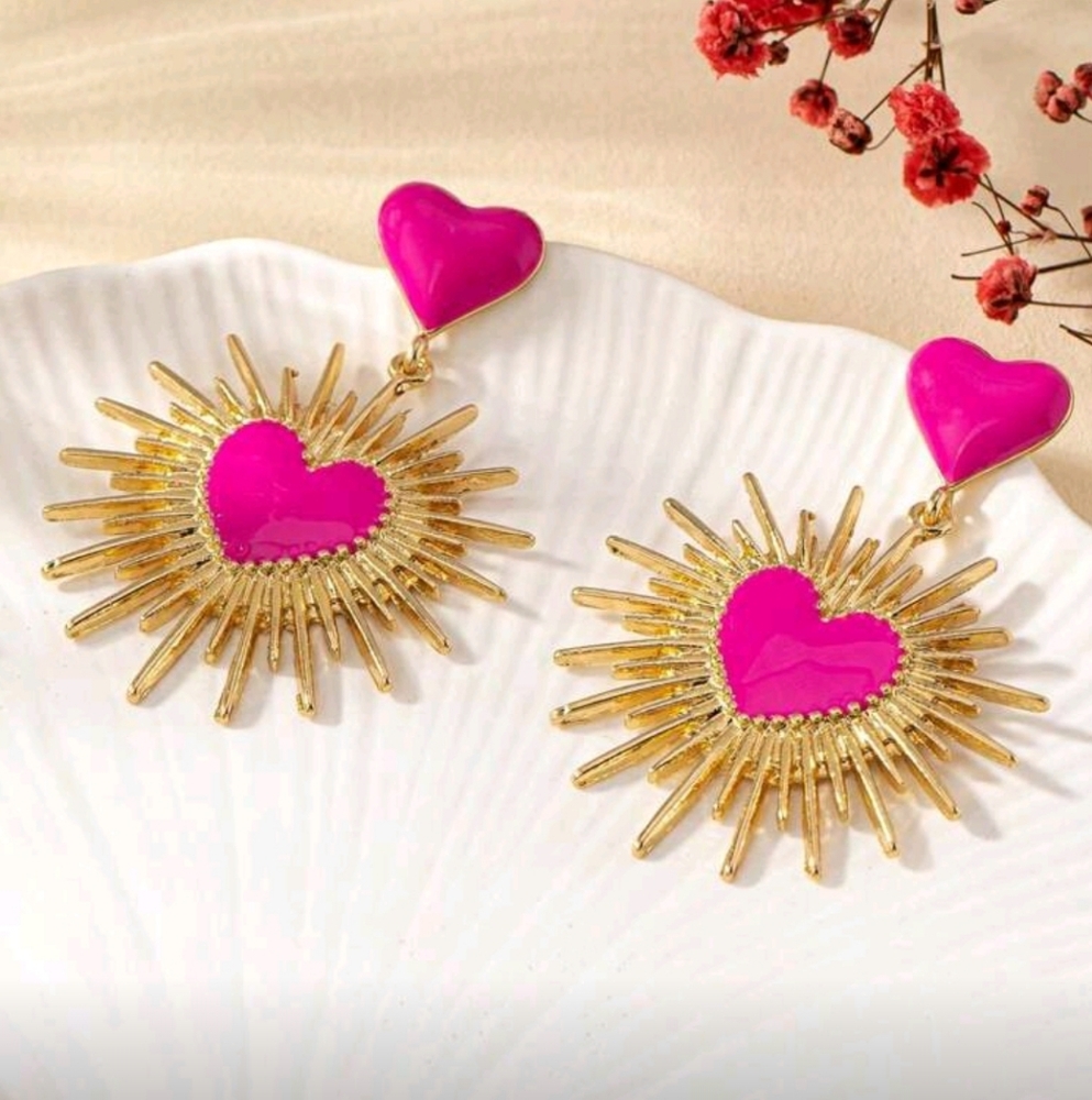 Gold and Pink Heart Earrings